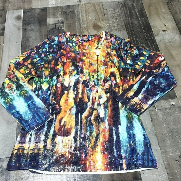 𝅺TESA Moda Glowing Music Painting Blouse Sequins Art To Wear Water Color M - Picture 1 of 12